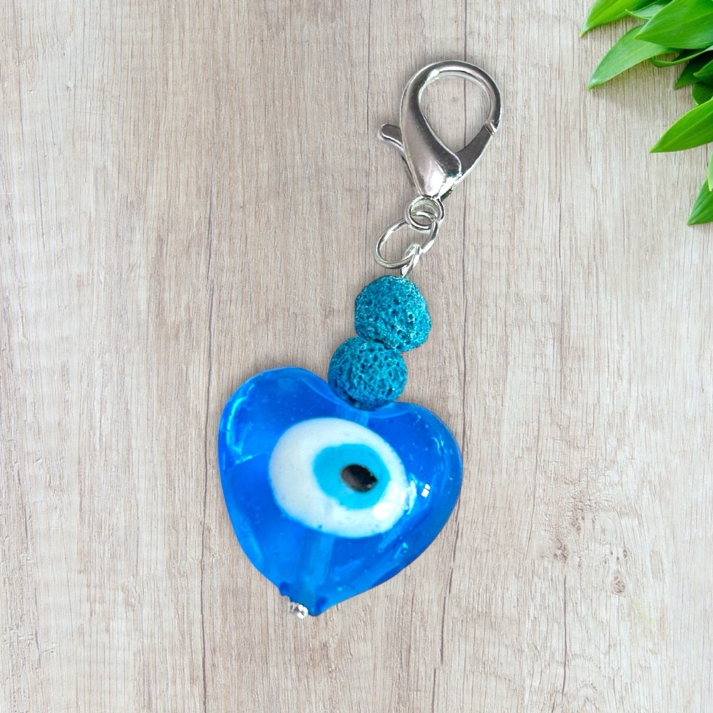 Hand Crafted Purse Pet Charm Lava Blue Heart Evil Eye Silver Diffuser